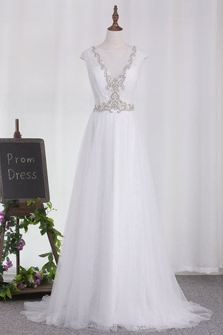 Wedding Dresses Tulle Scoop A Line With Applique And Beads Sweep Train