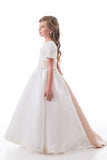 A Line Scoop Short Sleeves Flower Girl Dresses With Applique Satin