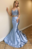 Two Piece Satin Prom Dresses With Lace Spaghetti Straps Mermaid Long Party SJSPLPBLEY2