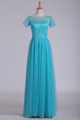 Prom Dress Bateau Short Sleeves A Line With Beading Tulle