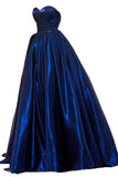 A Line Royal Blue Satin Sweetheart Strapless Prom Dresses with Pockets, Evening Dress SJS15553