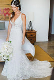 Romantic Deep V Neck Sleeveless Lace Wedding Dress Mermaid Wedding Dresses With SJSP2NSHCG1