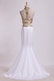 Two Pieces Beaded Bodice High Neck Prom Dresses Trumpet Sweep Train