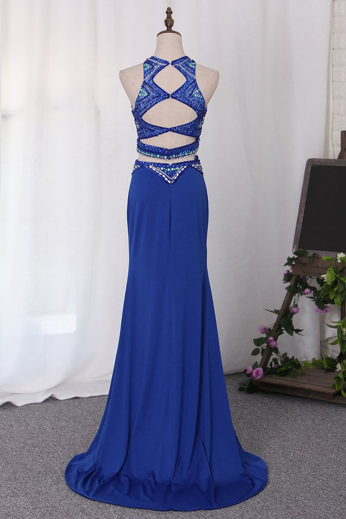 Two-Piece Scoop Spandex With Beads And Slit Prom Dresses Mermaid