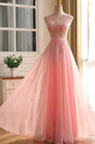 Charming Long Appliques Pink Sleeveless A-Line Scoop Elegant Prom Dresses JS782