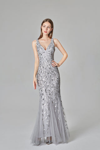 Sexy V Neck Silver Mermaid Prom Dresses, Embroidered Sequins Long Evening Dresses SJS15368