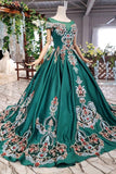 New Prom Dresses Short Sleeves Ball Gown Lace Up Back With Applique&Beads