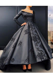 A Line Long Sleeves Satin Prom Dresses With Applique Asymmetrical
