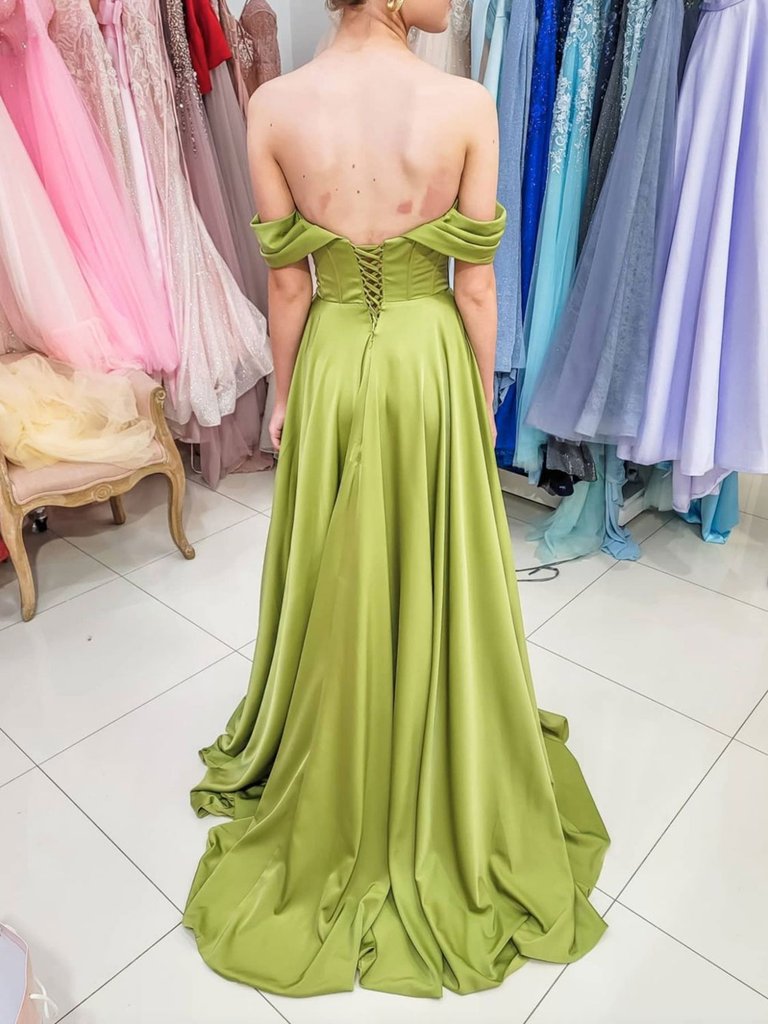 Simple Clover A-Line Satin Off the Shoulder Evening Dresses Long Prom Dresses