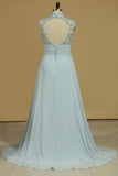 Prom Dresses High Neck Chiffon With Slit And Beads Open Back