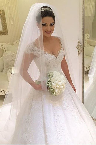 A Line Scoop Wedding Dresses Tulle With Applique And Beads Court Train