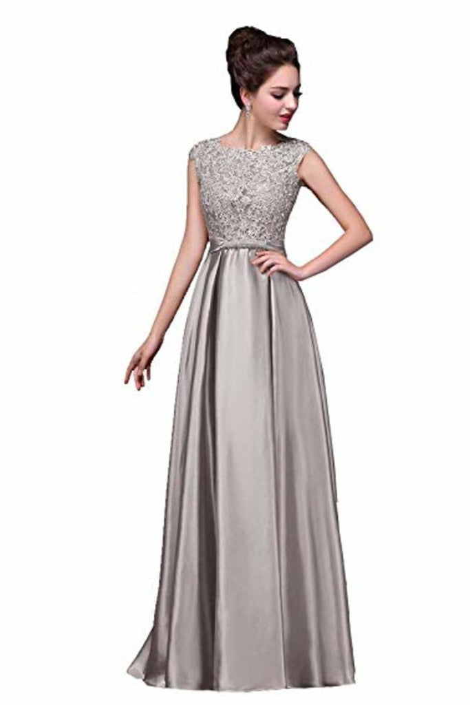 Buy Elegant A-Line Applique Round Neck Lace Satin Ball Gown Evening ...