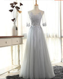 Elegant Prom Dresses A-Line Scoop Floor-Length Tulle 3/4 Sleeves With Appliques