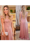 Chiffon Scoop Short Sleeves Prom Dresses Sweep Train With Applique