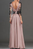 A-Line/Princess Long Sleeves V-Neck Chiffon Applique Floor-Length Dresses Evening Dress
