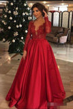 Elegant Long Sleeve Red Lace Beads Long Prom Dresses, A Line Satin Evening Dresses SJS15174