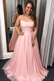 Spaghtti Straps Prom Dresses A Line Tulle Sweep Train