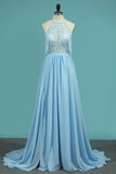 A Line Chiffon Halter Prom Dresses With Applique And Slit Sweep Train