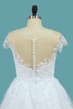 A Line Lace Cap Sleeve Scoop Wedding Dresses With Beads Court Train