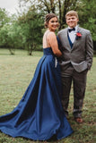 Straps A-Line Beaded Navy Blue Prom Dress With Pockets