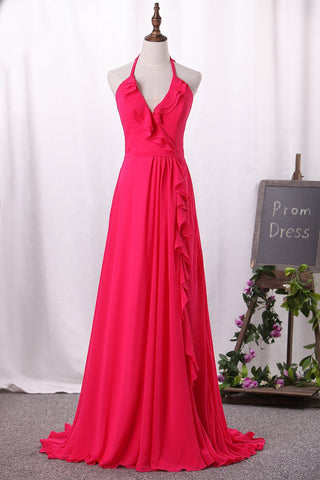 New Arrival A Line Chiffon Halter Open Back Prom Dresses