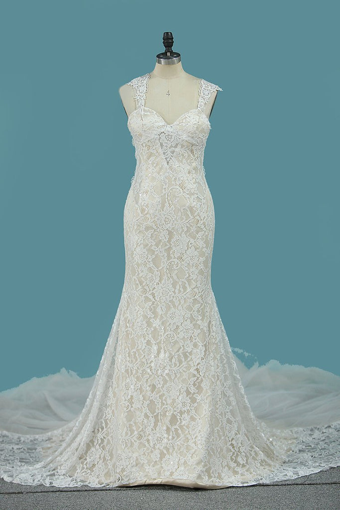 Spaghetti Straps Lace Mermaid Wedding Dresses With Beads Court Train