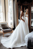 Simple Round Neck Satin Ivory Wedding Dresses with Pockets, Long Wedding Gowns SJS15398
