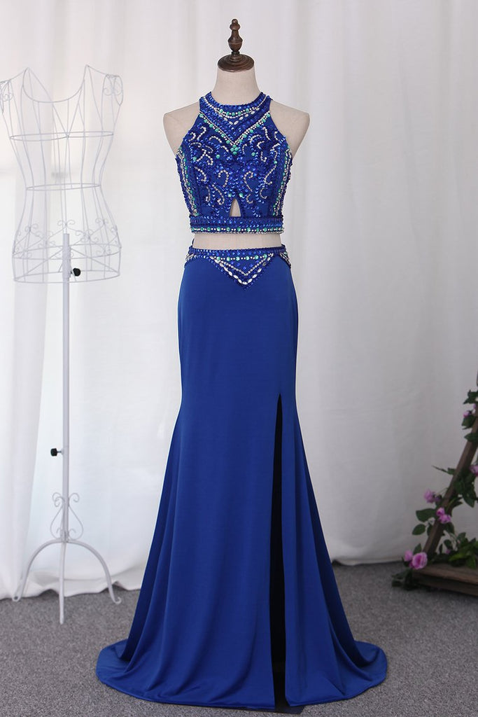 Two-Piece Scoop Spandex With Beads And Slit Prom Dresses Mermaid