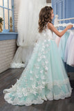 A Line Tulle With Applique Flower Girl Dresses Scoop Sweep Train