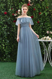 Simple Off the Shoulder Tulle Long Prom Dresses, Blue Bridesmaid Dresses SJS15396
