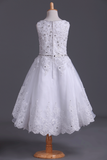 Bateau A Line Flower Girl Dresses With Applique & Beads Tulle