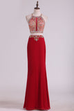 Two Pieces Halter Sheath Prom Dresses Chiffon With Beading