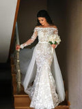 Mermaid Long Sleeve Lace Appliques Off the Shoulder Detachable Train Wedding Dresses SJS15262