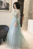 Elegant Long Sleeves Appliqued Tulle Prom Dresses, Floor Length Appliques Evening Dresses SJS15175
