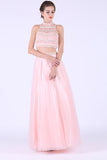 Two-Piece High Neck A Line Prom Dresses With Beads Tulle