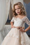 Tulle Bateau Flower Girl Dresses Short Sleeves With Applique And Sash