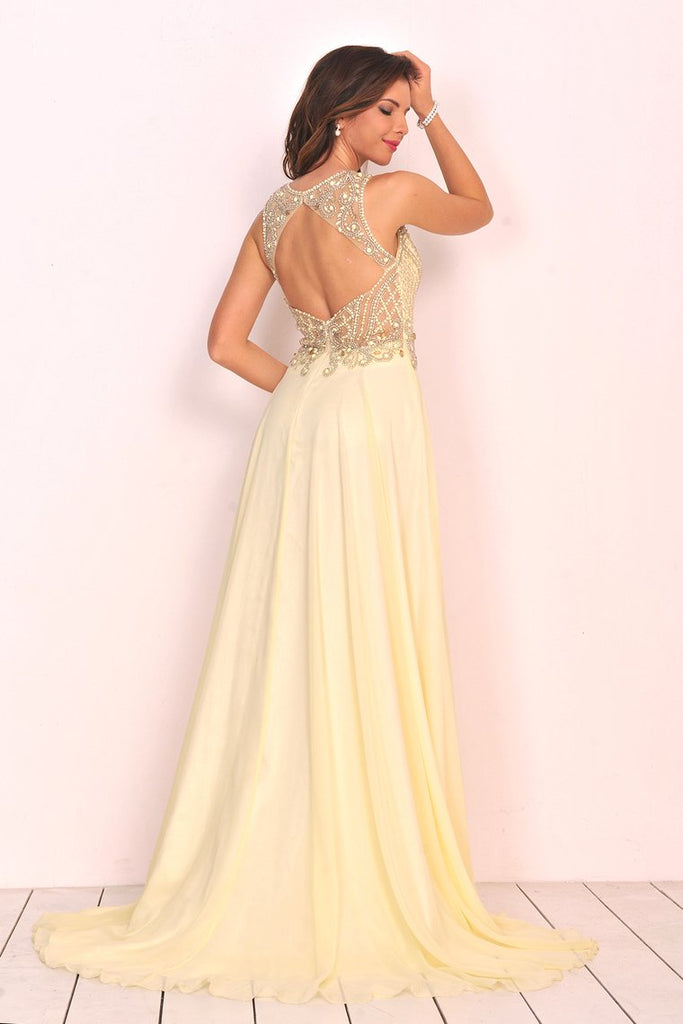 Sexy Open Back Prom Dresses Scoop Chiffon With Beading A Line