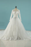 Scoop Wedding Dresses A Line Long Sleeves Tulle Court Train