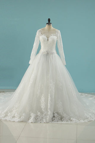 Scoop Wedding Dresses A Line Long Sleeves Tulle Court Train