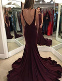 Elegant Scoop Sweep Train Burgundy Backless Mermaid Sleeveless Floor-Length Prom Dresses JS47