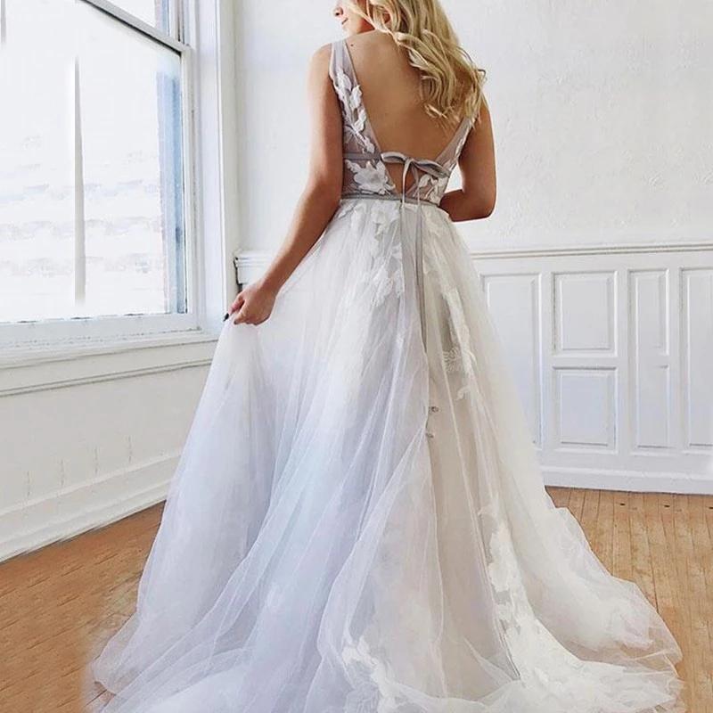 Buy A Line Deep V-Neck Backless White Tulle Prom Dress With Appliques ...