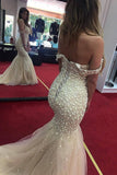 Off The Shoulder Prom Dresses Mermaid Tulle With Beads Lace Up