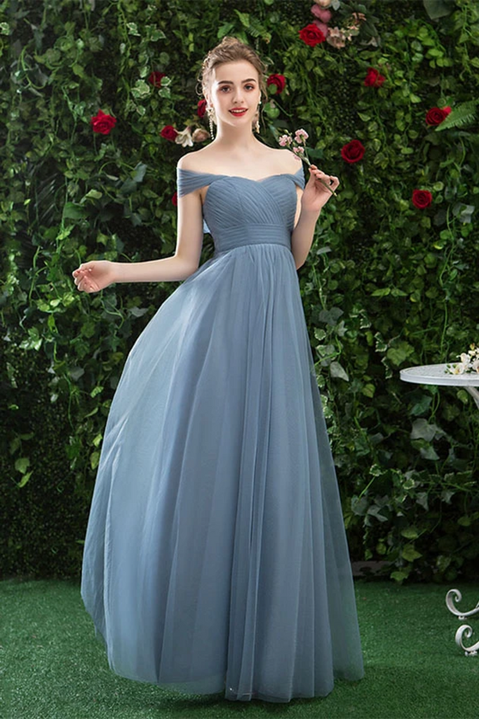 Cheap Off The Shoulder Tulle Long Prom Dress With Short Sleeves, Simple Bridesmaid Dresses