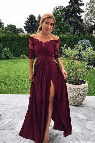 Modest Off the Shoulder Burgundy Bridesmaid Dresses with Slit, Prom SJS20427
