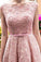 Bateau A-Line Lace Prom Dresses Tea Length With Applique And Belt