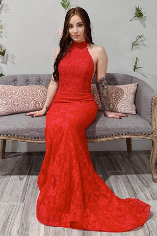 Prom Dresses Mermaid Lace High Neck Open Back Sweep Train