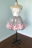 Cute Gray Strapless Tulle Homecoming Dresses with Flowers Short Sweet 16 Dresses SJS14971
