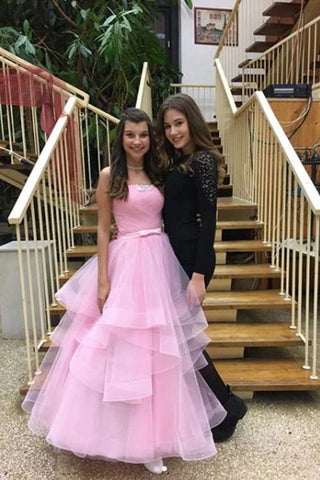 Unique Pink Tulle Long Prom Dresses, Strapless Belt Sweet 16 Dress SJS15462