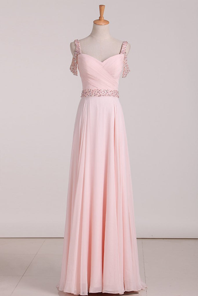 A Line Straps Chiffon With Ruffles And Beads Prom Dresses