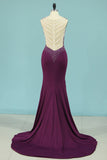 Mermaid Prom Dresses V Neck Spandex With Beads And Slit